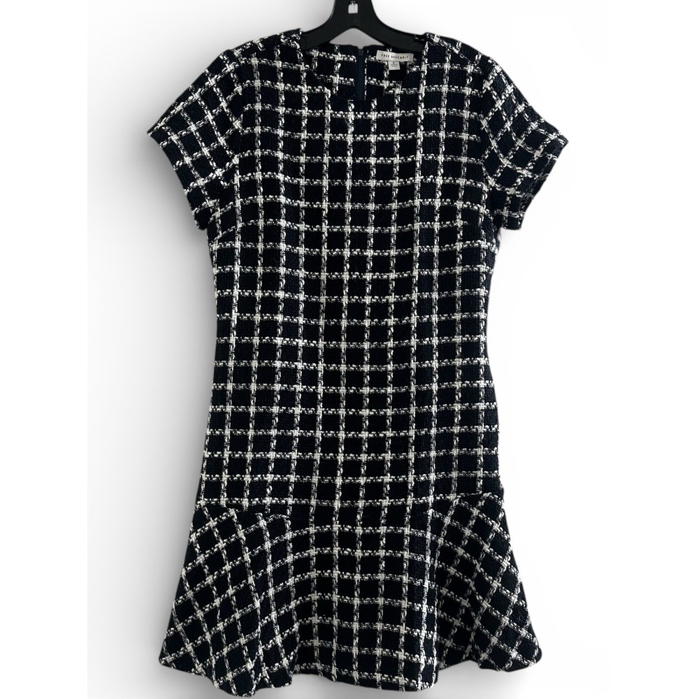 Free Assembly Tweed Shift‎ Dress Women 6 Navy Plaid Short Sleeve Lined NWT